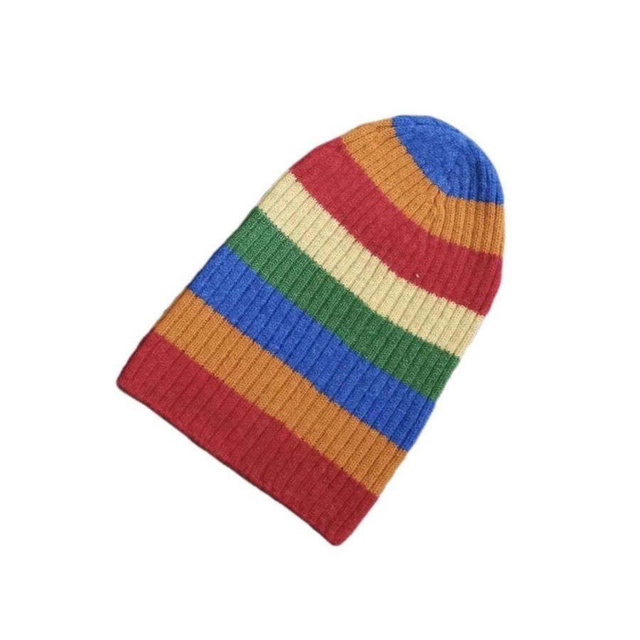 Rainbow red orange blue green and white striped soft warm winter cozy moisture wicking comfortable fashionable alpaca wool beartooth beanie hat with no pom pom.