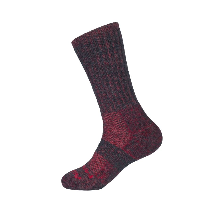A product photo against a white background of Alpacas of Montana cozy soft warm comfortable thermal moisture wicking everyday winter fishing hiking snowshoeing hunting outdoors scarlet and black wine red extra cushion boot socks.