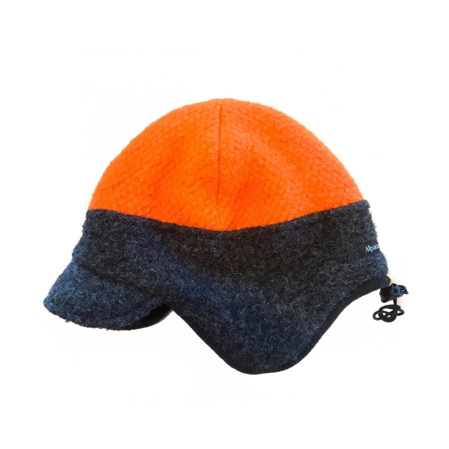 A product photo against a white background of the Alpacas of Montana dark gray and bright orange extremely warm cozy soft windproof comfortable moisture wicking thermal alpaca fleece wool windstopper winter hat for hiking, skiing, hunting, fishing, outdoors.