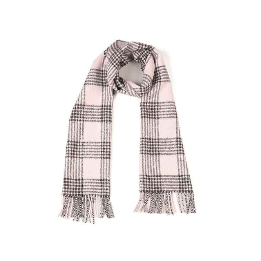 A product photo against a white background of an Alpacas of Montana soft stylish women&#39;s fashion comfortable cozy cute warm alpaca wool blush pink and black plaid pattern scarf with tassels.