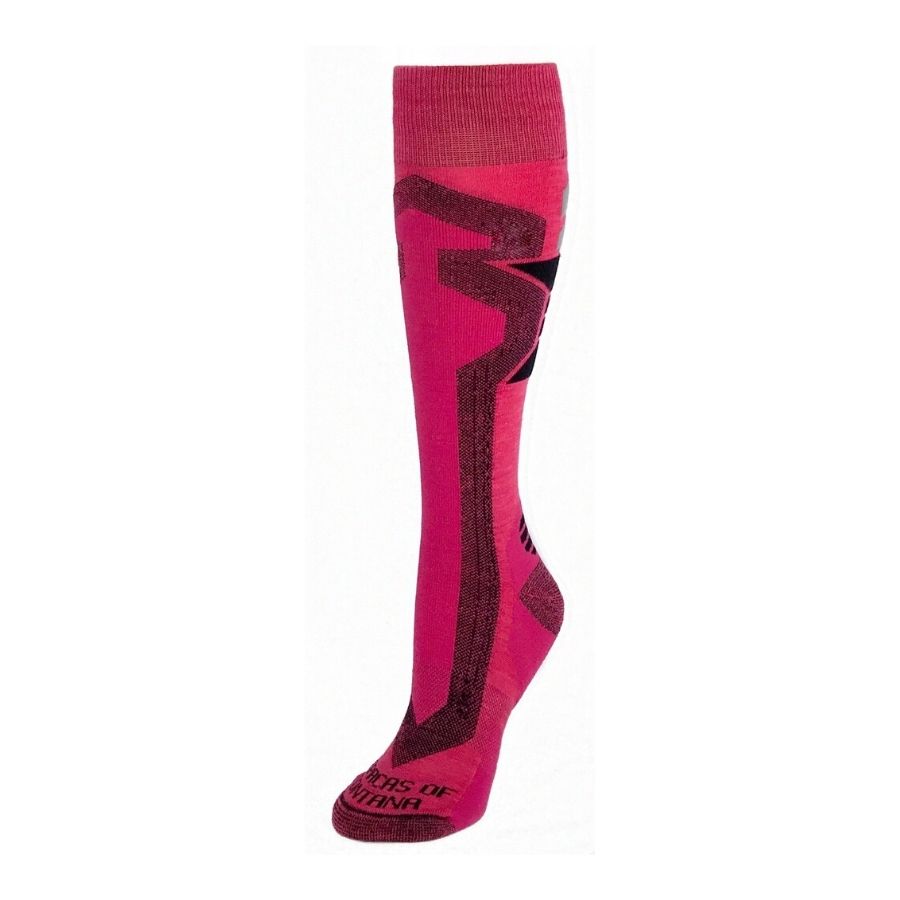 A product photo with a white background of hot pink and black Alpacas of Montana cozy comfortable soft warm thermal winter freezing temperatures antimicrobial moisture wicking alpaca wool ski and snowboard socks for snowshoeing, skiing, snowboarding, ice fishing, outdoors.