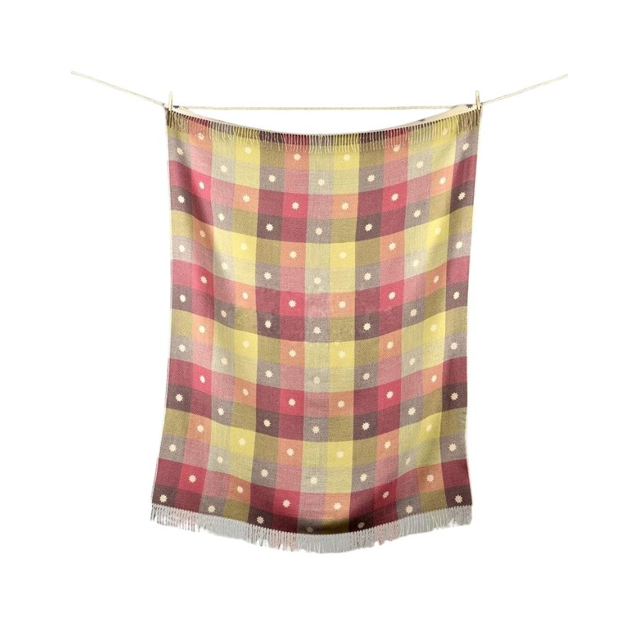 pink and yellow plaid with polka dots alpaca wool blanket