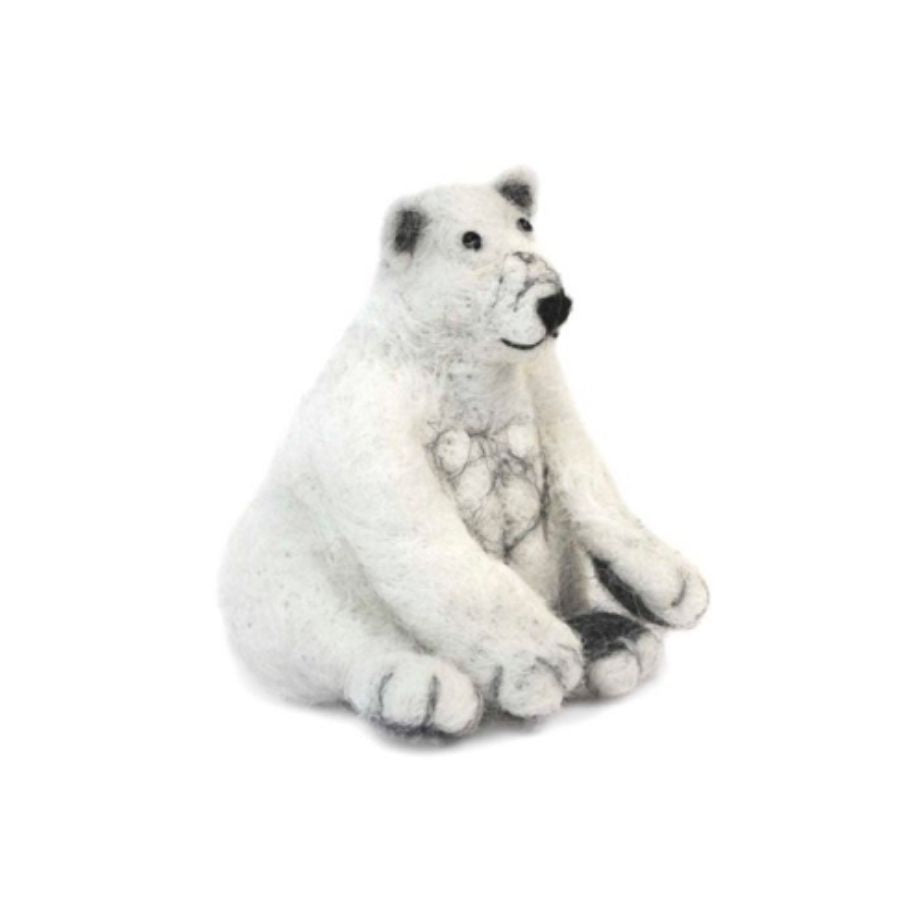 A product photo of a soft cute adorable toy funny silly natural white, gray, and black sitting polar bear felted alpaca wool figurine and ornament for gifts birthdays holidays