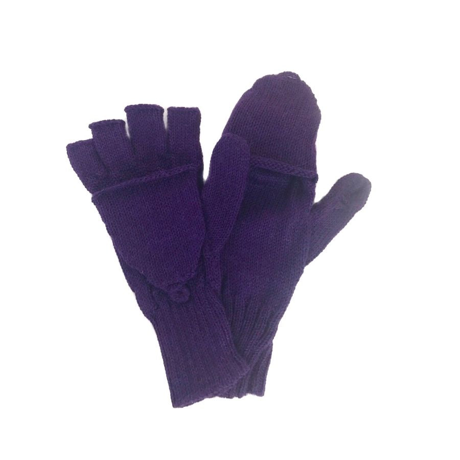 A product photo against a white background of a pair of soft comfortable cozy lightweight thin cozy moisture wicking warm all seasons everyday purple violet fingerless lightweight flip mitten gloves made from alpaca wool.