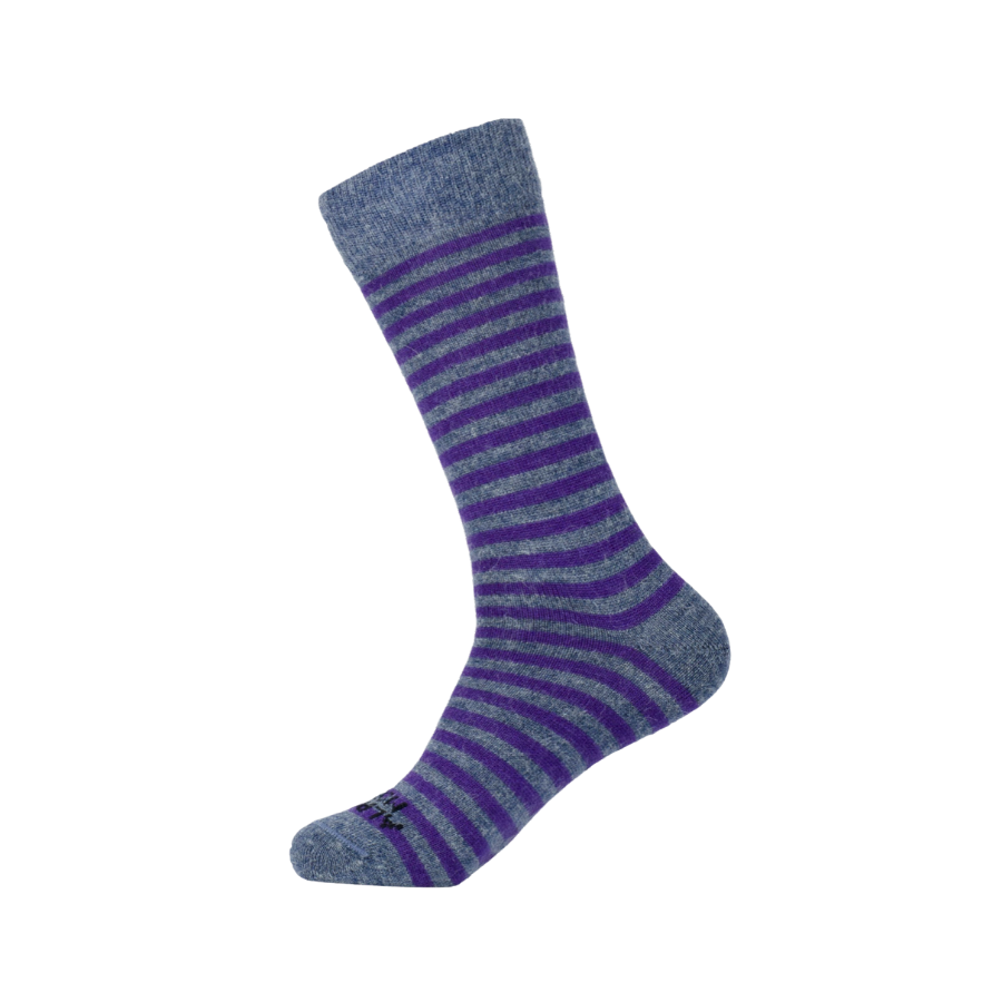 A product photo against a white background of a bright purple and light gray Alpacas of Montana soft comfortable cozy lounge cute gift moisture wicking fun fashion stylish striped alpaca wool sock for men and women unisex