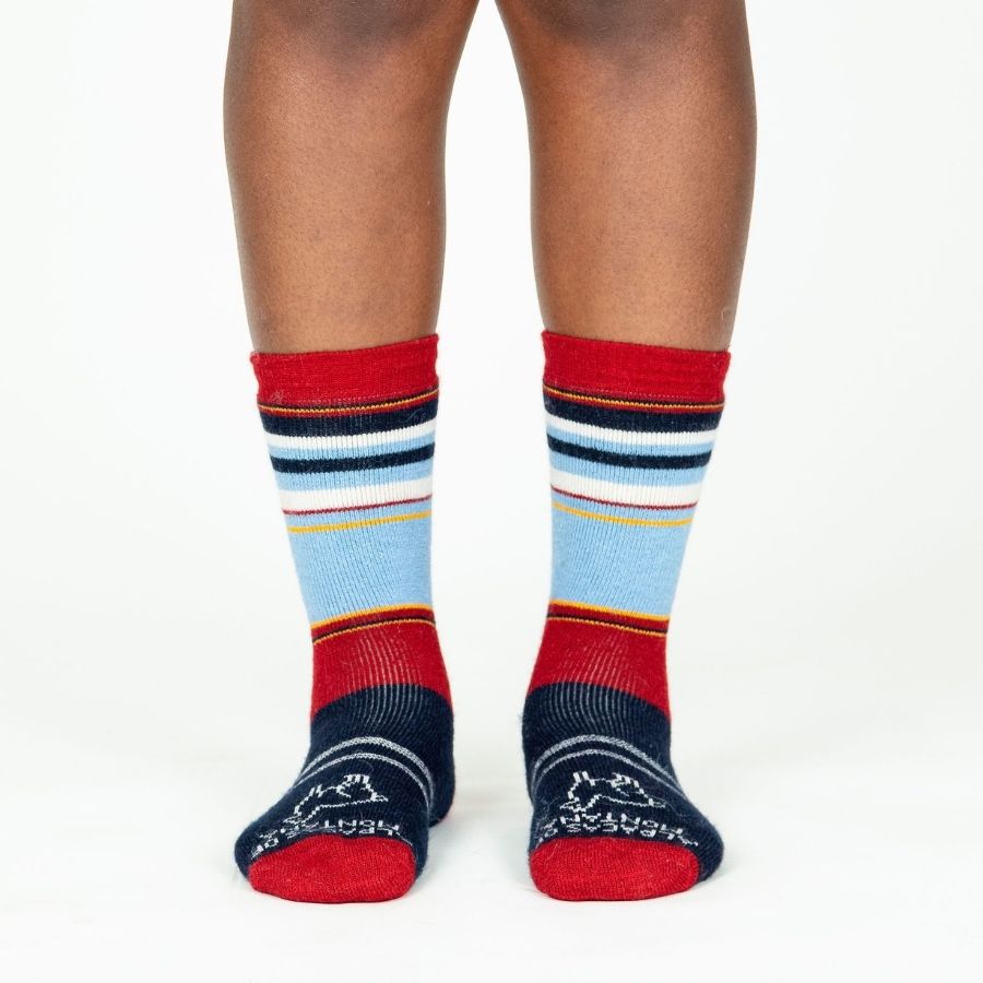 A knees-down photo of a person standing in front of a white background wearing blue jeans and a pair of the soft cozy comfortable moisture wicking lounge and active everyday red, black, sky blue, gold, and natural white striped basecamp socks.
