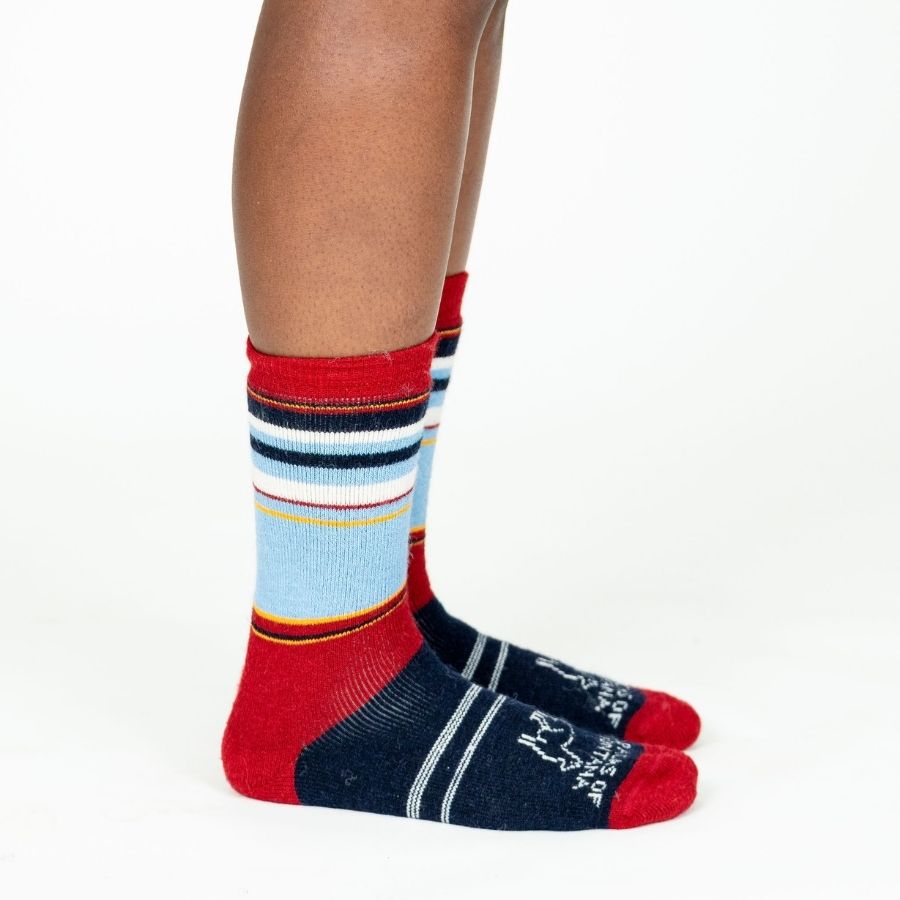 A knees-down photo of a person standing in front of a white background wearing a pair of the soft cozy comfortable moisture wicking lounge and active everyday red, black, sky blue, gold, and natural white striped basecamp socks.