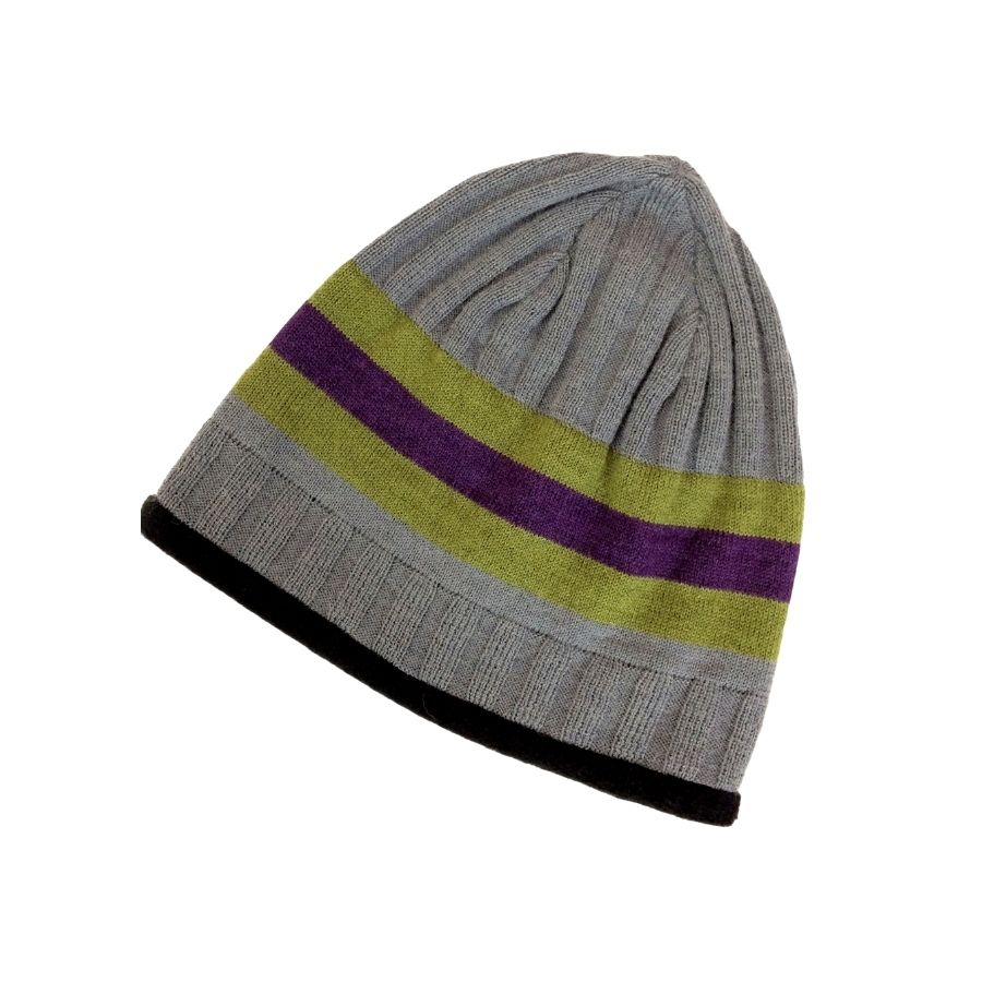 A product photo of the Alpacas of Montana soft cozy comfortable warm winter outerwear hiking skiing moisture wicking gray, black, lime green, and dark purple Green and Purple Stripe Backcountry Beanie.