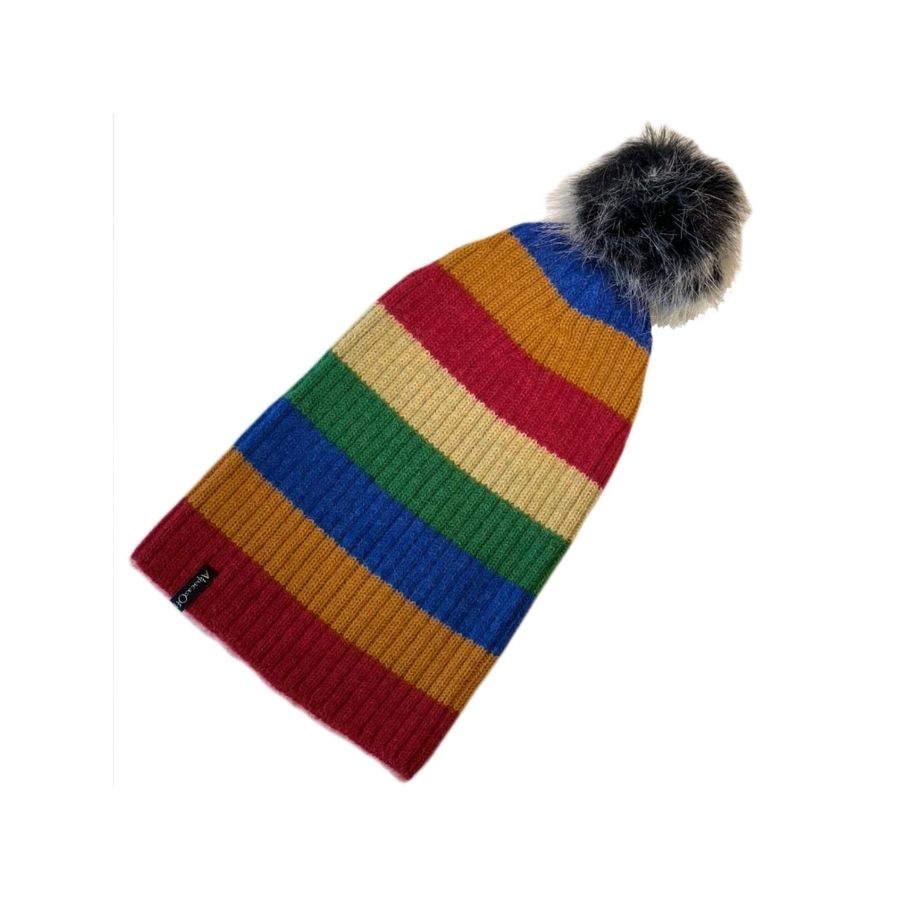 Rainbow red orange blue green and white striped soft warm winter cozy moisture wicking comfortable fashionable alpaca wool beartooth beanie hat with black and white pom pom.