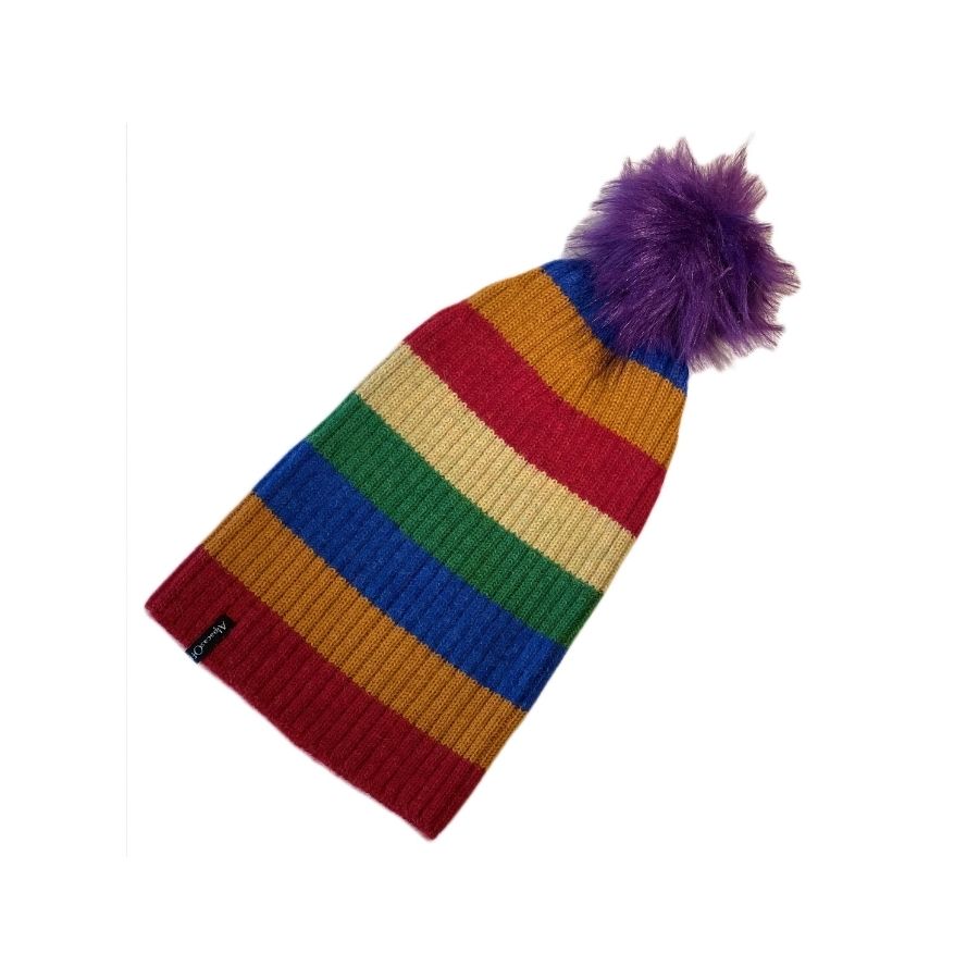 Rainbow red orange blue green and white striped soft warm winter cozy moisture wicking comfortable fashionable alpaca wool beartooth beanie hat with purple violet pom pom.