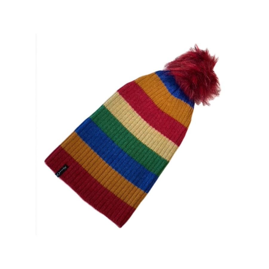Rainbow red orange blue green and white striped soft warm winter cozy moisture wicking comfortable fashionable alpaca wool beartooth beanie hat with ruby red pom pom.