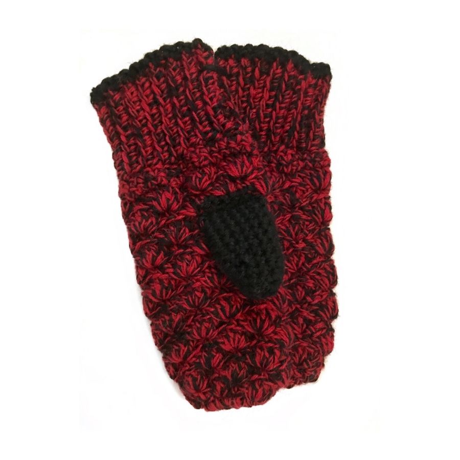 A product photo with a white background of a soft stylish cozy comfortable fashionable moisture wicking knitted crochet scallop pattern mittens handmade in Montana from black and scarlet red alpaca wool yarn.