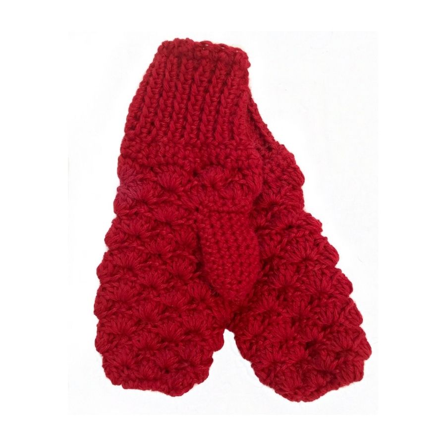 A product photo with a white background of a soft stylish cozy comfortable fashionable moisture wicking knitted crochet scallop pattern mittens handmade in Montana from scarlet red alpaca wool yarn.