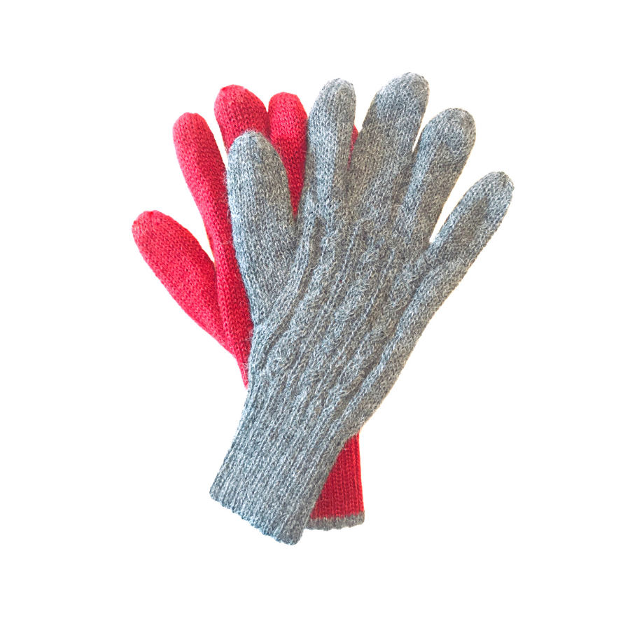 A product photo with a white background of a pair of Alpacas of Montana bright red and light gray woven alpaca wool gloves.