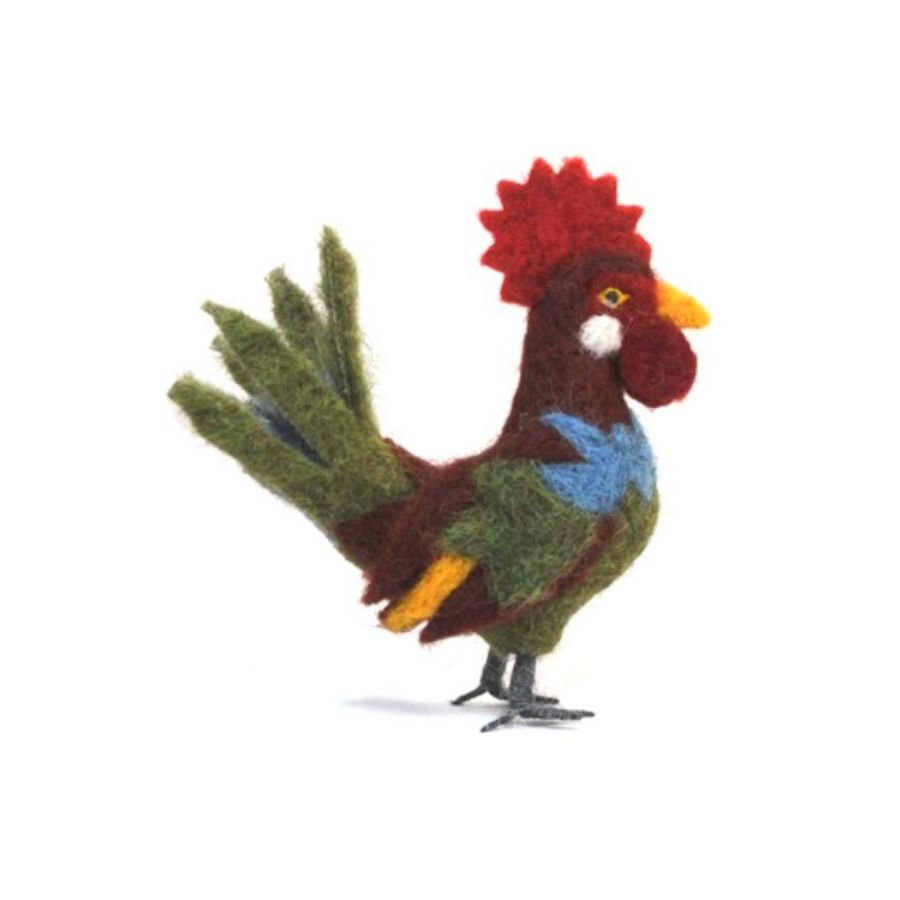 A product photo of a soft cute adorable funny silly brown, red, yellow, blue, and green rooster felted alpaca wool figurine and ornament for gifts birthday holidays