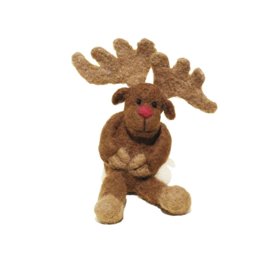 A product photo with a white background of a soft cute adorable funny silly light brown and chocolate brown Rudolph reindeer with red nose felted alpaca wool figurine and ornament for gifts birthday christmas holiday
