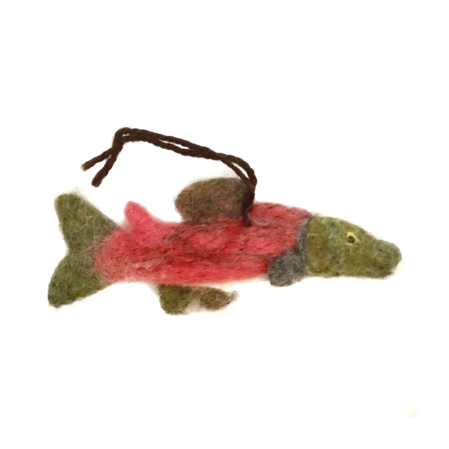 A soft cute adorable funny silly toy red, green, and brown salmon fish felted alpaca wool figurine and ornament for gifts birthday holiday