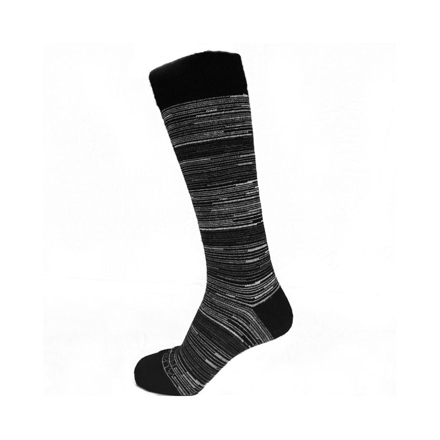 A product photo with a white background of lpacas of Montana black, gray, and white casual lounge fashion comfortable soft cozy everyday moisture wicking alpaca wool striped socks.