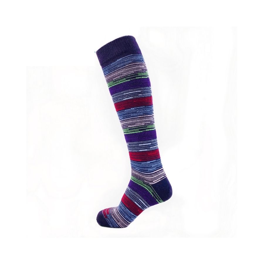 A product photo with a white background of Alpacas of Montana colorful sky blue, white, lime green, red and bright purple casual lounge fashion comfortable soft cozy everyday moisture wicking alpaca wool striped socks.