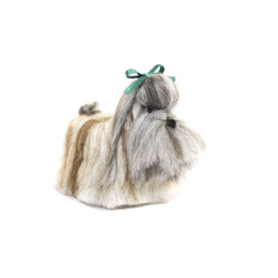A product photo of a soft cute fluffy plush adorable funny silly natural white, tan, and light gray Shih Tzu dog with a bow on its head felted alpaca figurine and ornament for gifts birthday holidays