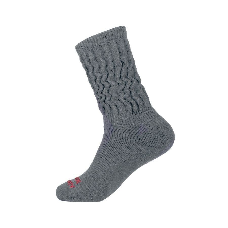 A product photo against a white background of a silver gray Alpacas of Montana soft comfortable cozy lounge breathable moisture wicking antimicrobial therapeutic diabetic loose fit mid-calf sock.