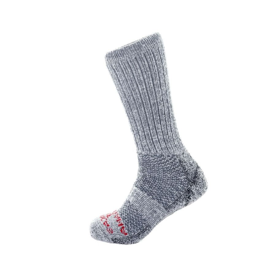 A product photo against a white background of the Alpacas of Montana cozy soft warm comfortable thermal moisture wicking everyday winter fishing hiking snowshoeing outdoors silver gray extra cushion boot socks.