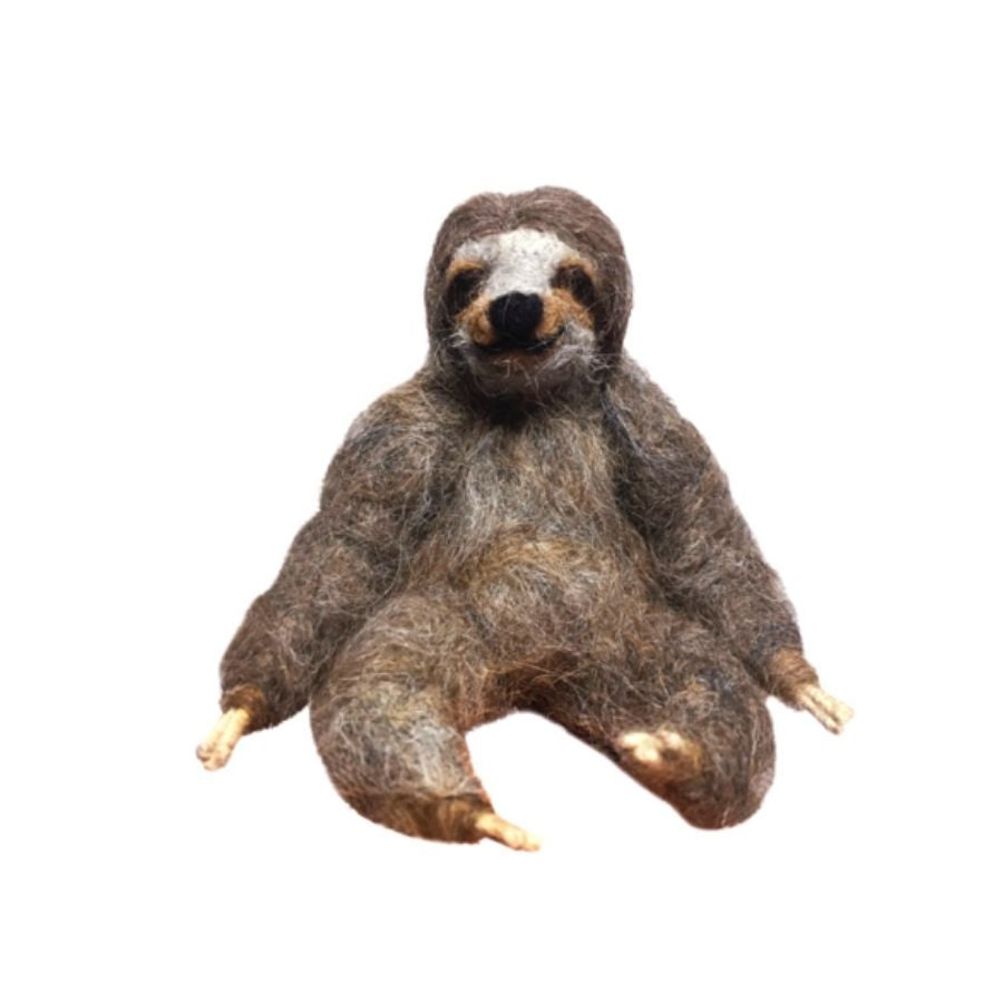 A product photo with a white background of a soft cute adorable funny silly brown and gray sloth felted alpaca wool figurine and ornament for gifts birthday holiday