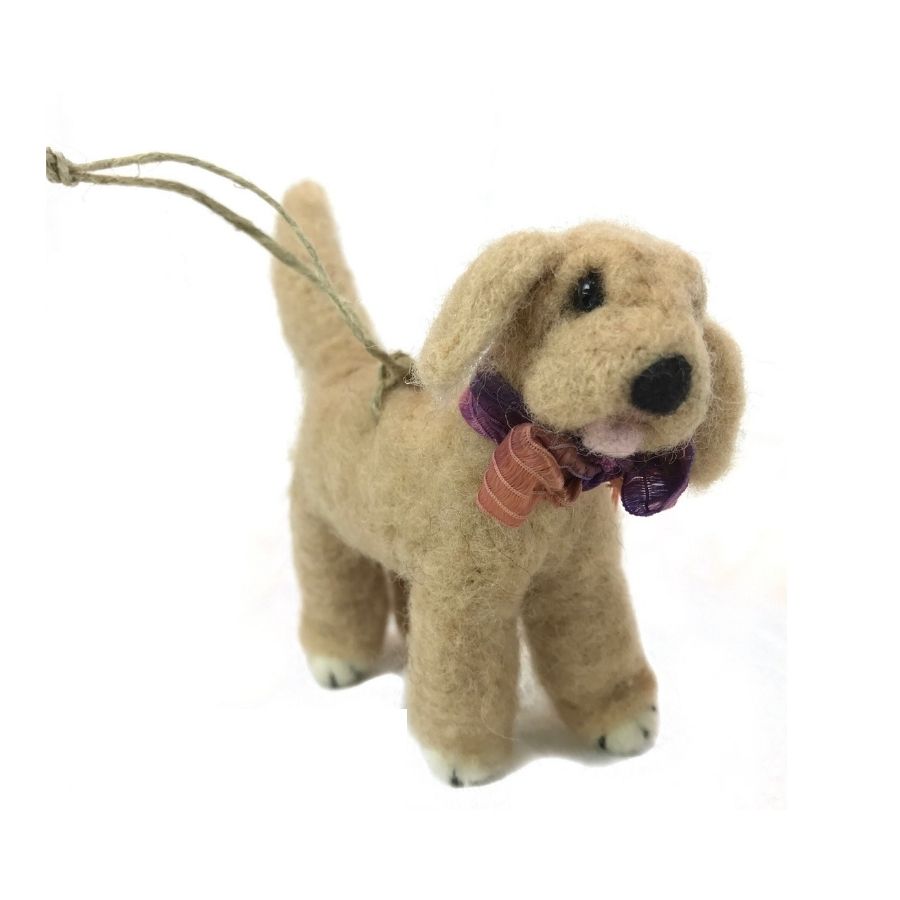 A cute soft fluffy toy gift birthday present christmas golden fawn color little dog with a bowtie felted alpaca wool figurine and ornament