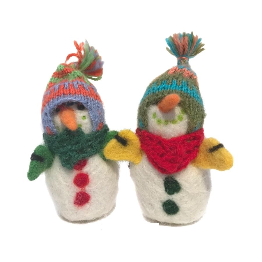 A product photo of a soft cute adorable funny silly natural white snowmen with colorful hats, scarves, and mittens felted alpaca wool figurine and ornament for gifts birthday holiday