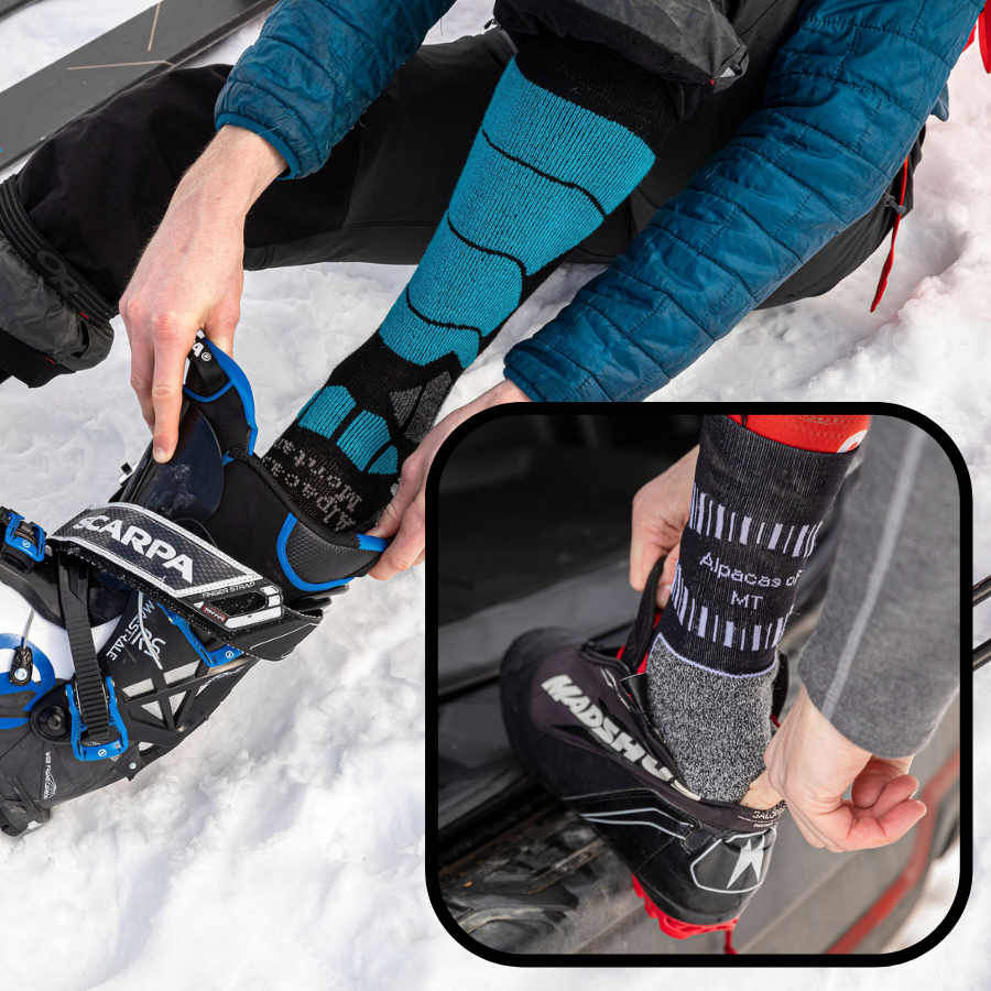 people putting on alpaca wool ski socks