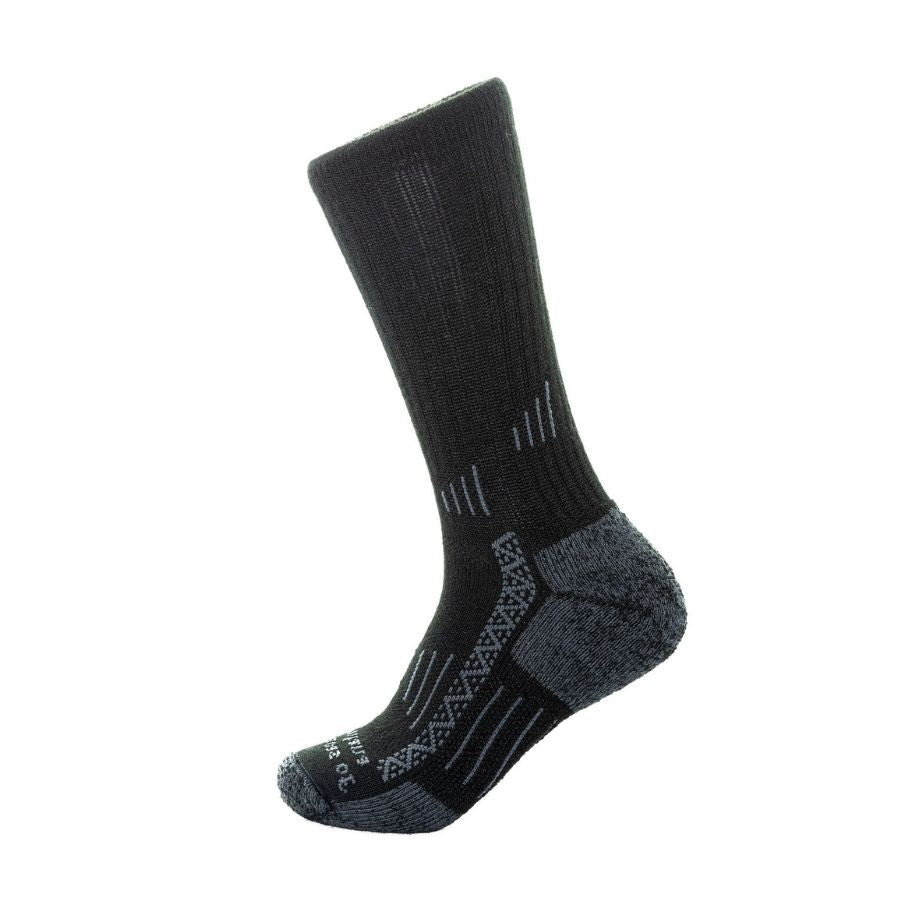 product photo of black alpaca wool hiking and adventure sock against white background
