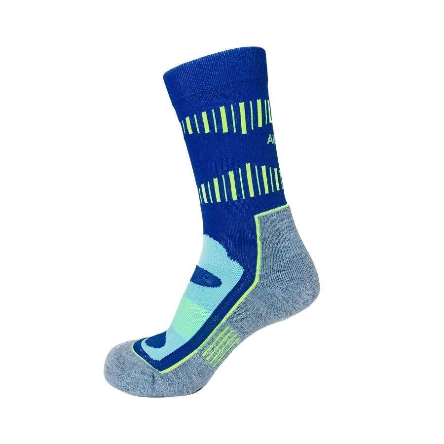 A product photo against a white background of a cobalt royal blue, sky blue, and lime yellow Alpacas of Montana soft cozy comfortable activewear outerwear athletic workout moisture wicking antimicrobial cushioned light compression engineered high-tech mid-crew hiking sock for walking, skiing, climbing, hunting, camping, fishing, exercise, biking