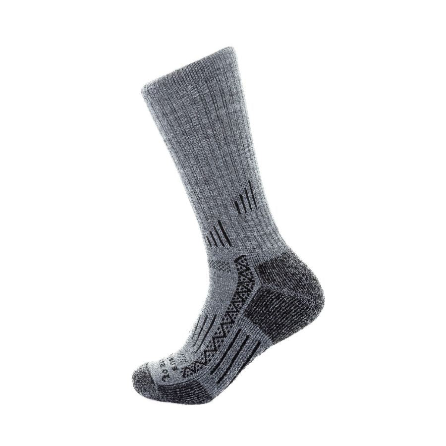 product photo of gray alpaca wool hiking and adventure sock against white background