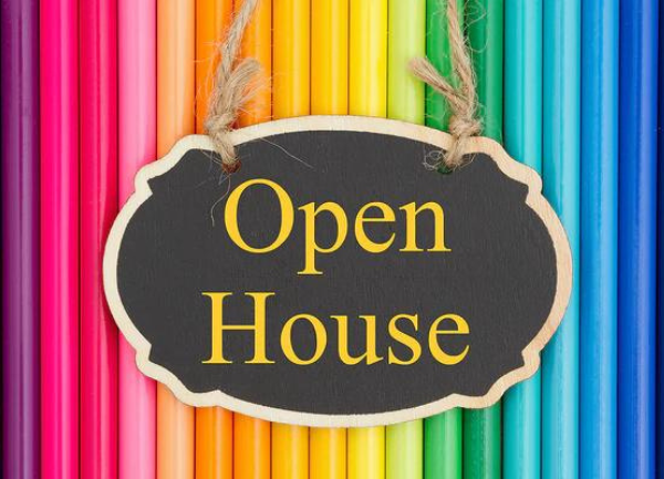 colorful open house sign