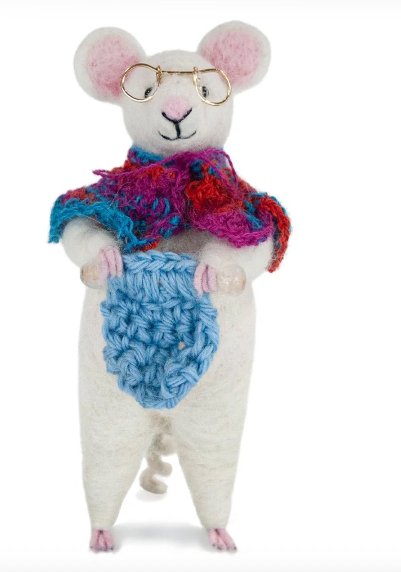 Felted alpaca wool mouse figurine wearing glasses and colorful shawl knitting blue yarn