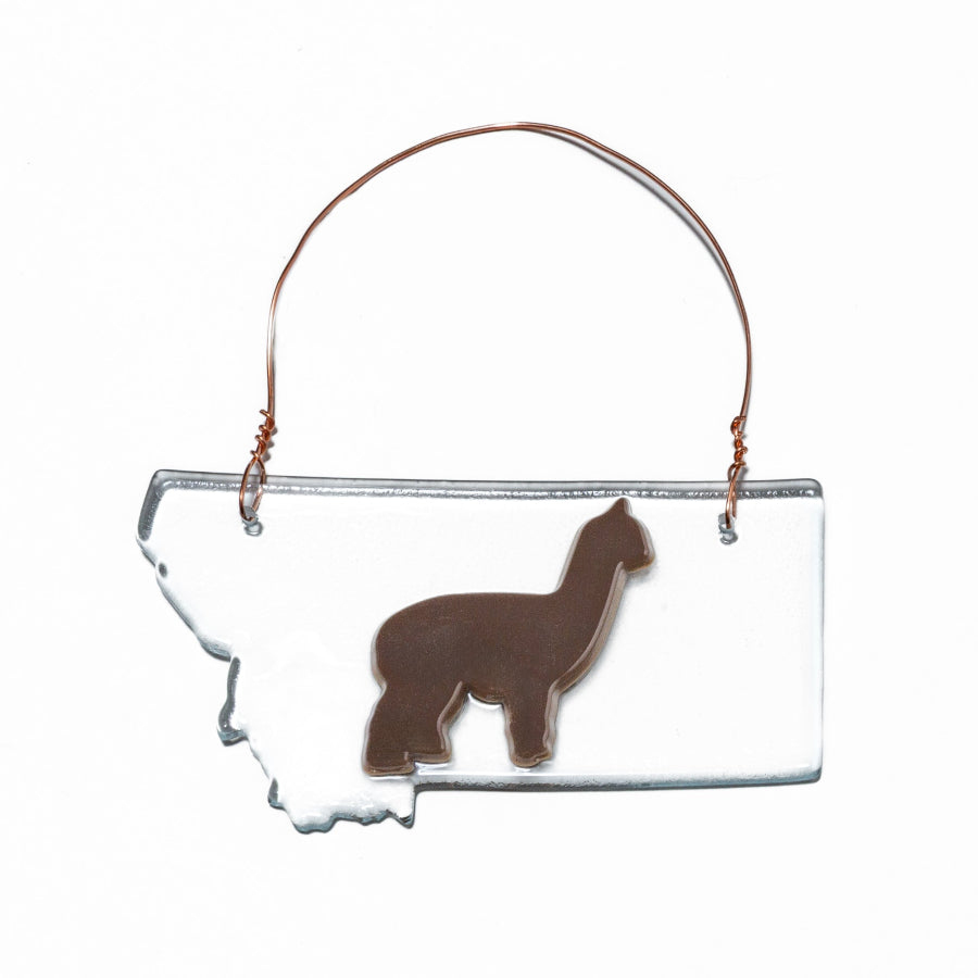 Glass alpaca ornament with Brown alpaca and copper wire.  Hand made in Montana.