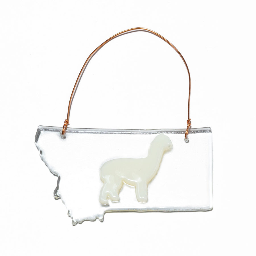 Glass alpaca ornament with white alpaca and copper wire hanger.  Hand made in Montana.