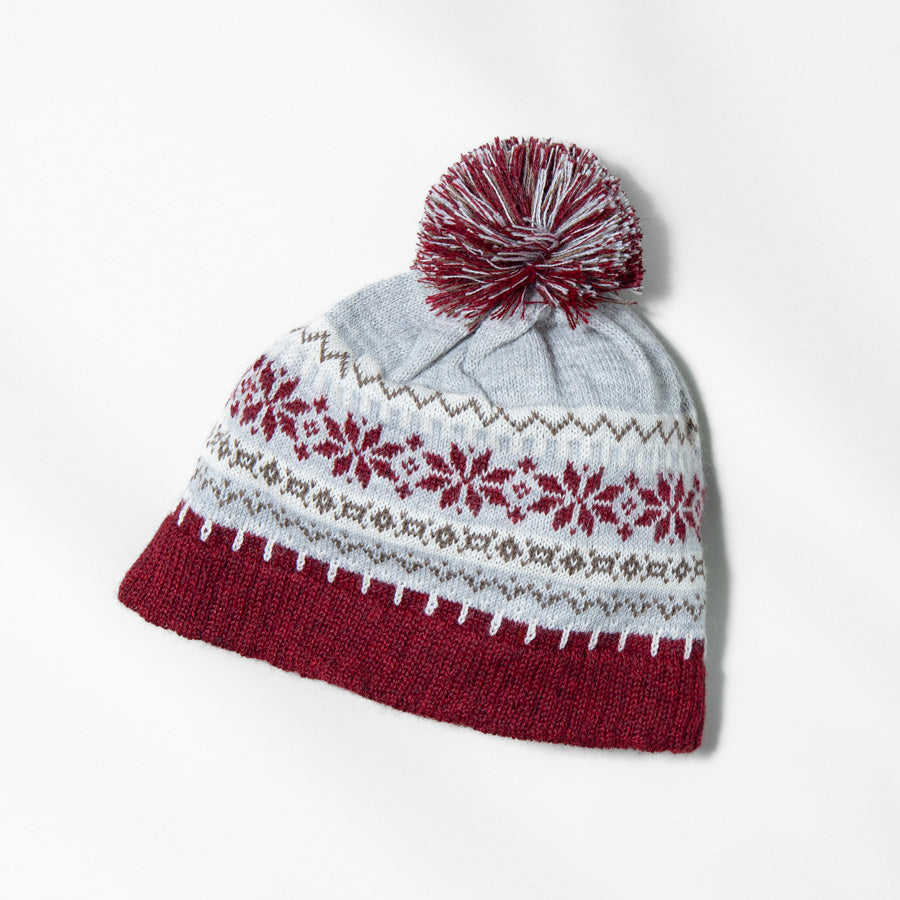 Gray, red and white alpaca beanie hat with snowflake hat with pom poms and liner