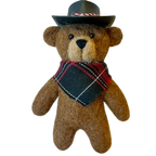 alpaca Felted Brown Bear Ornament with cowboy hat and plaid bandanna