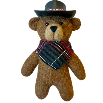 alpaca Felted Brown Bear Ornament with cowboy hat and plaid bandanna
