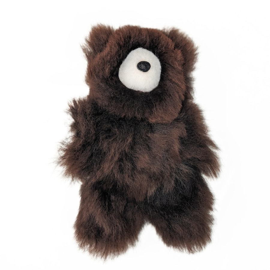 A product photo with a white background of an Alpacas of Montana soft fluffy cozy cute adorable toy silky dark cocoa chocolate brown luxury royal alpaca teddy bear plushie figurine for gifts birthdays christmas children present