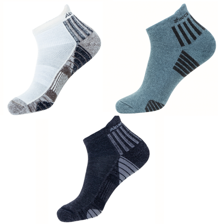 Three pairs of ankle running socks in white, Gray, and black on a white background