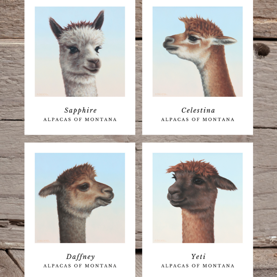 Four paintings of brown and gray alpacas from an artist original work