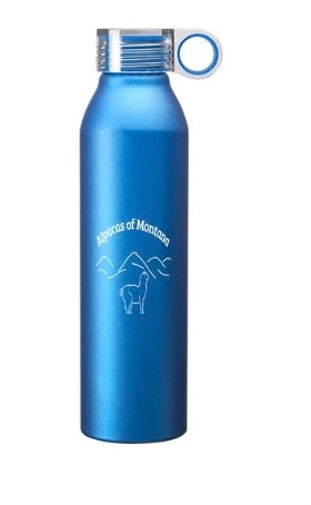 Tall thin sky blue Alpacas of Montana branded logo metal water bottle with clear screw-on lid and handle on the lid.