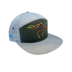 Gray cap with black front panel featuring colorful mountain design on a white background