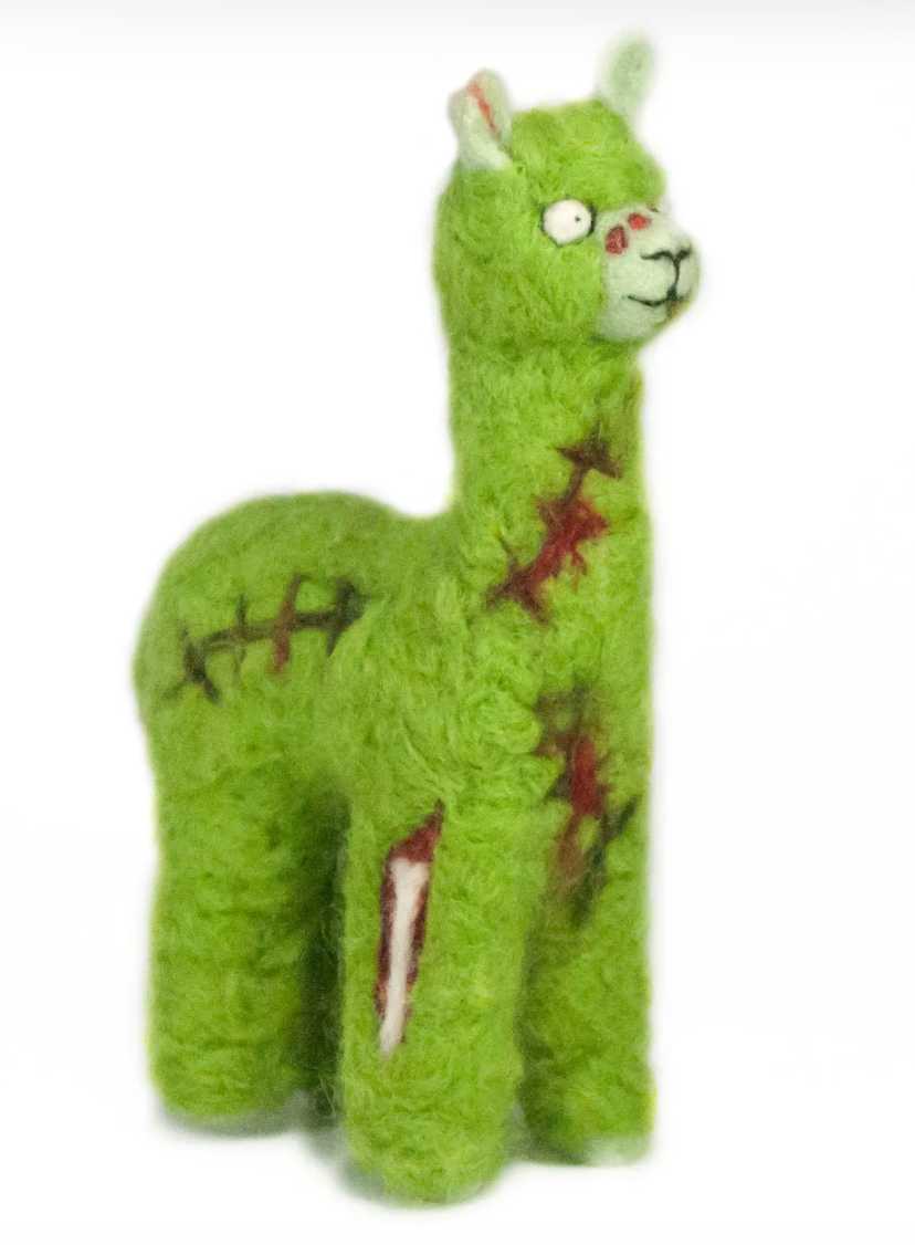 6-inch green felted alpaca zombie ornament, handmade from alpaca wool
