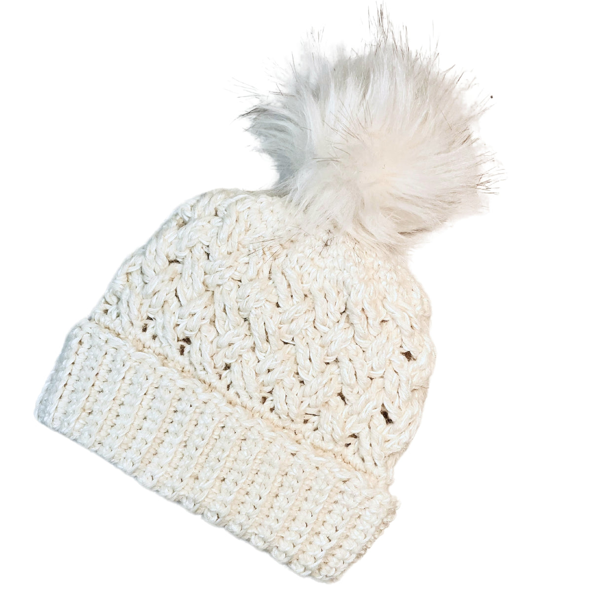 Natural white color cozy soft warm handmade knitted crochet celtic hat with a white pom pom made in Montana by Alpacas of Montana.