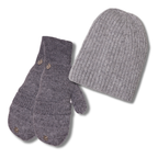 Gray knit hat and mittens set on a white background made from baby alpaca