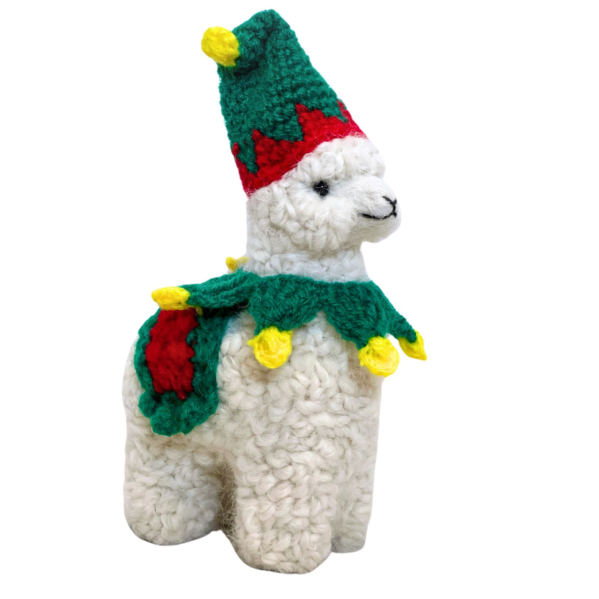 White Alpaca Ornament Christmas with Red and Green hat and green ruff necklace with yellow bells