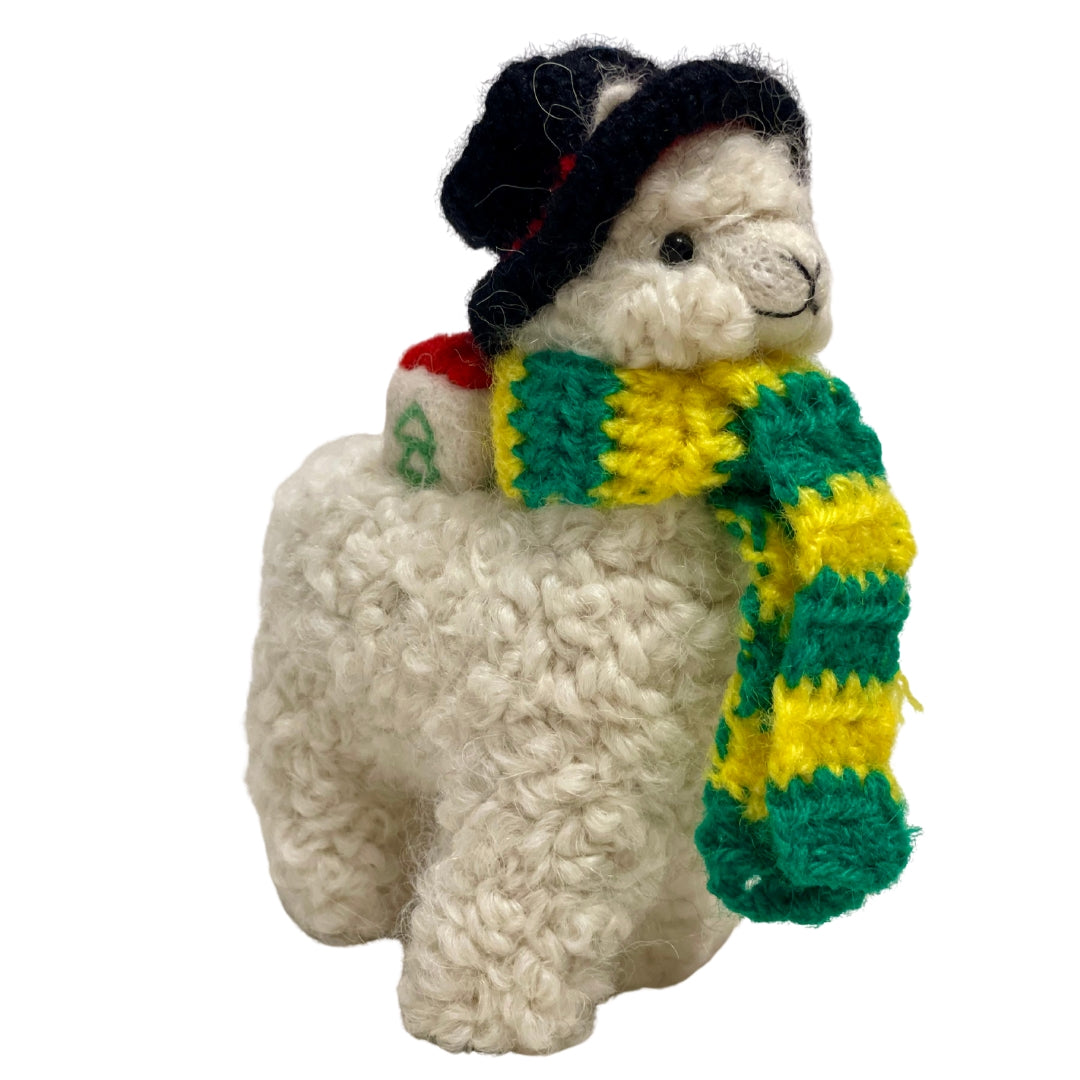 Alpaca Christmas ornament with christmas holiday gift on his back with black hat